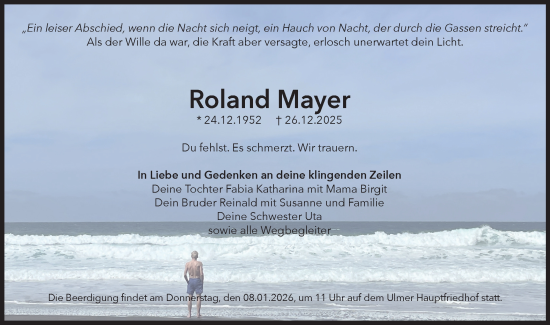 Traueranzeige von Roland Mayer von SÜDWEST PRESSE Ausgabe Ulm/Neu-Ulm
