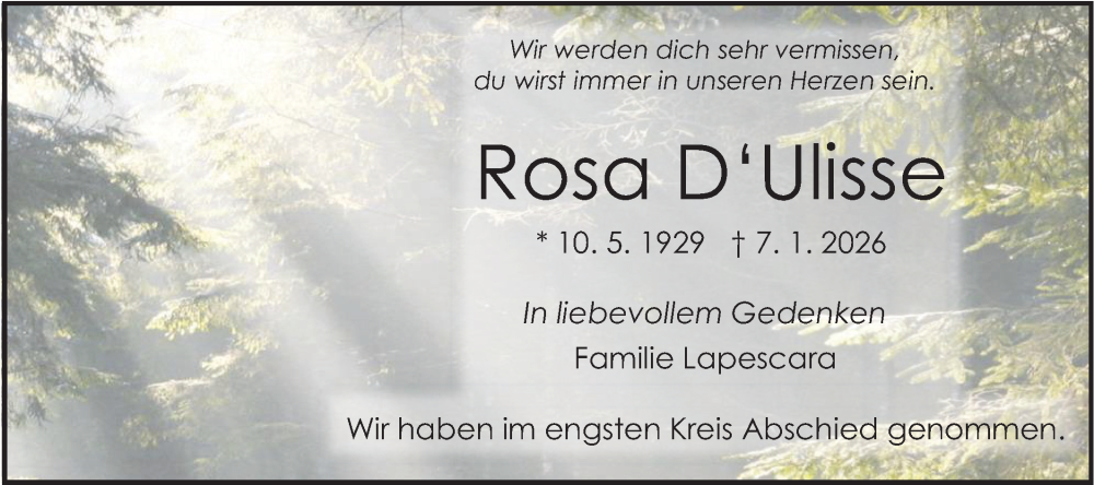  Traueranzeige für Rosa DUlisse vom 10.01.2026 aus SÜDWEST PRESSE Zollernalbkreis/Hohenzollerische Zeitung
