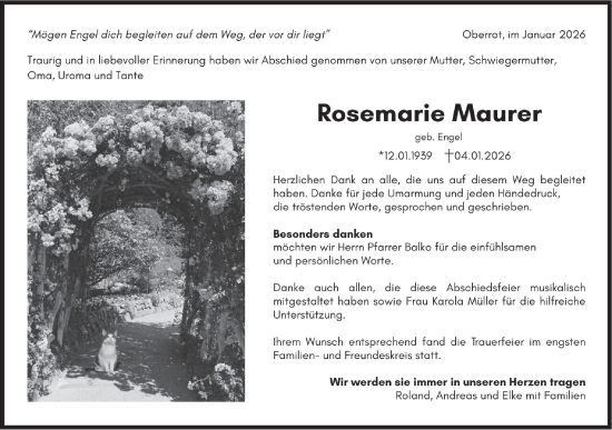 Traueranzeige von Rosemarie Maurer von Rundschau Gaildorf