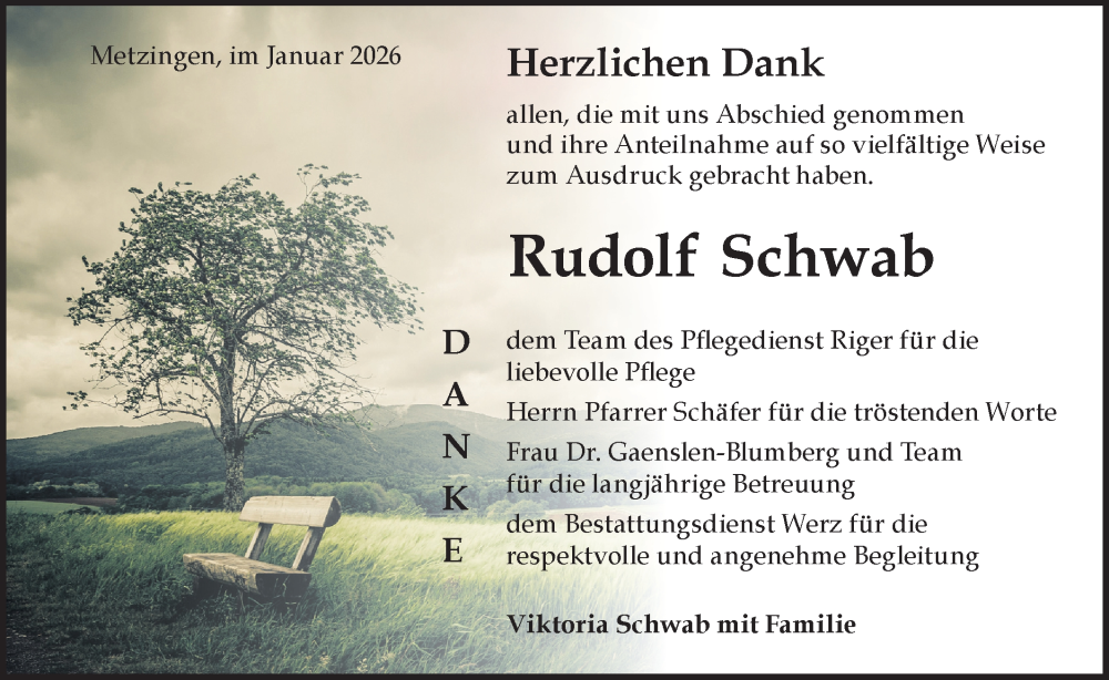  Traueranzeige für Rudolf Schwab vom 10.01.2026 aus Alb-Bote/Metzinger-Uracher Volksblatt