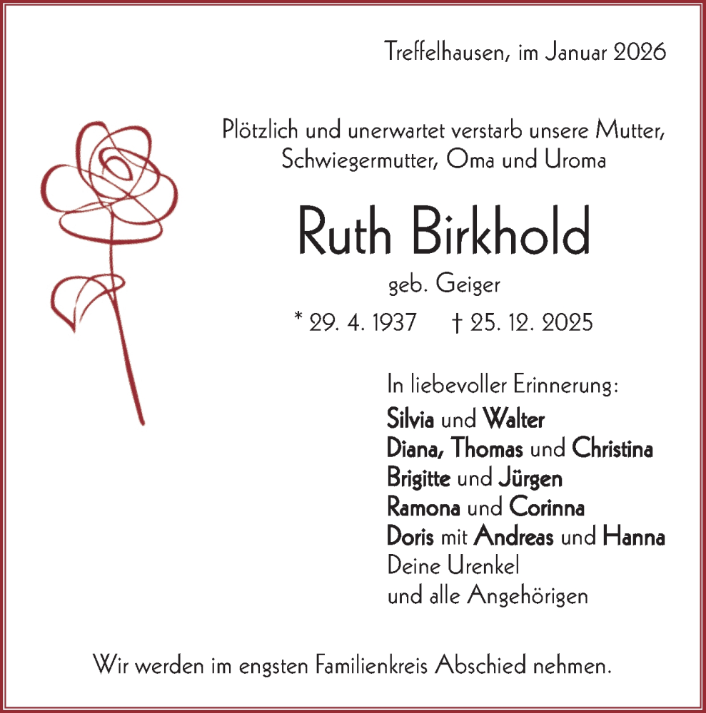  Traueranzeige für Ruth Birkhold vom 03.01.2026 aus Geislinger Zeitung