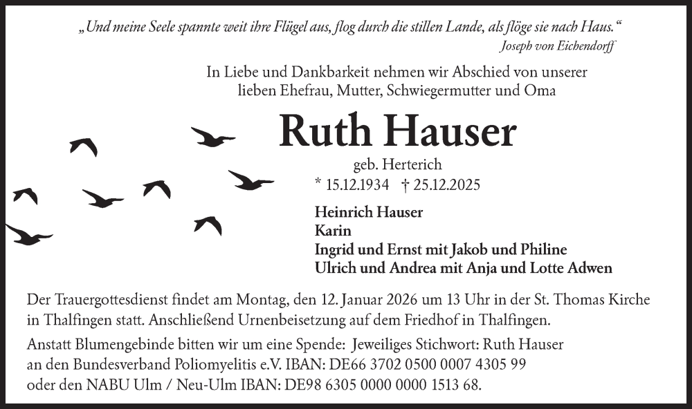  Traueranzeige für Ruth Hauser vom 03.01.2026 aus SÜDWEST PRESSE Ausgabe Ulm/Neu-Ulm