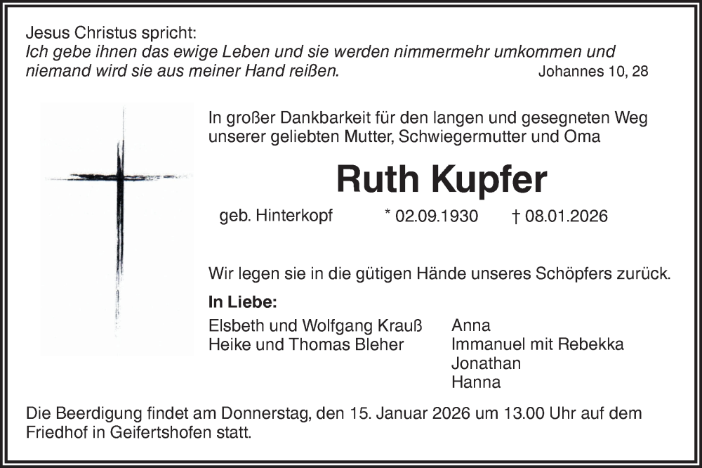  Traueranzeige für Ruth Kupfer vom 13.01.2026 aus Haller Tagblatt
