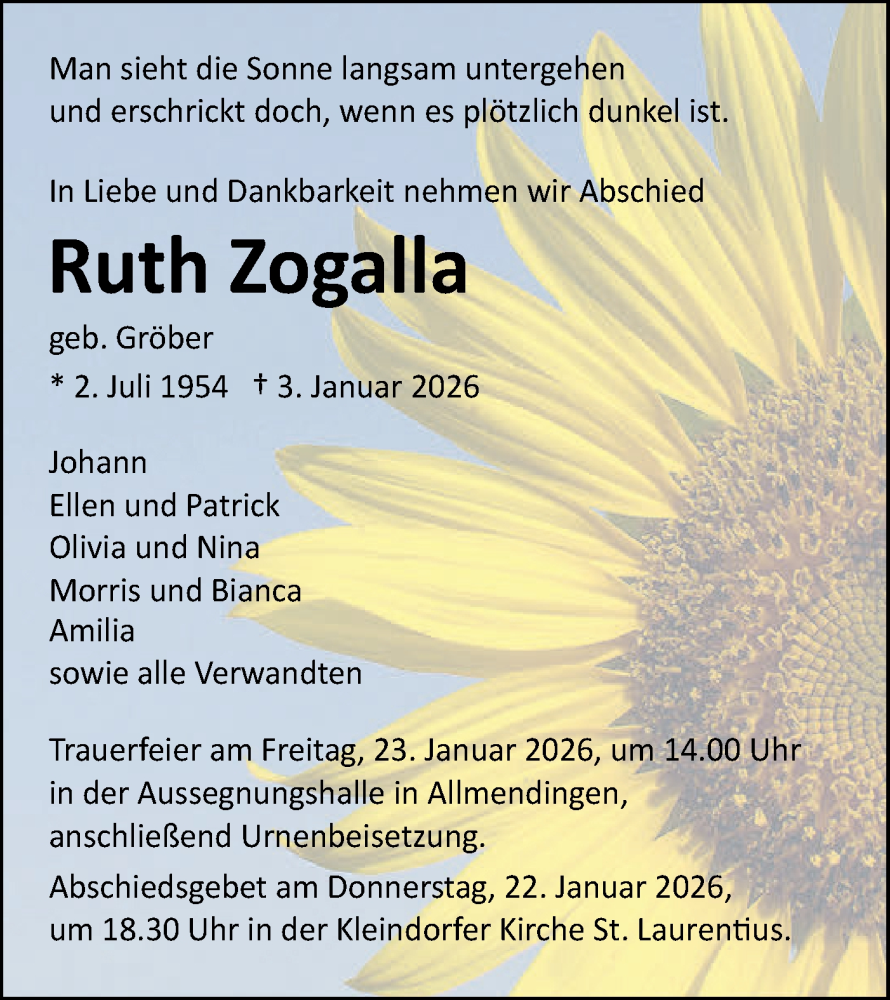  Traueranzeige für Ruth Zogalla vom 17.01.2026 aus Ehinger Tagblatt