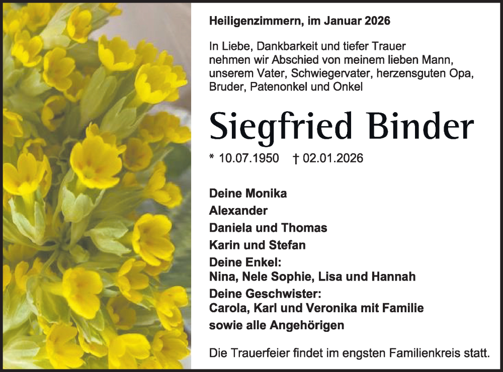  Traueranzeige für Siegfried Binder vom 10.01.2026 aus SÜDWEST PRESSE Zollernalbkreis/Hohenzollerische Zeitung