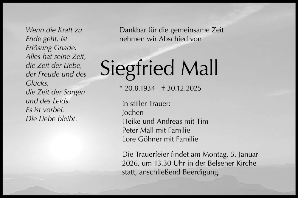  Traueranzeige für Siegfried Mall vom 03.01.2026 aus Schwäbische Tagblatt