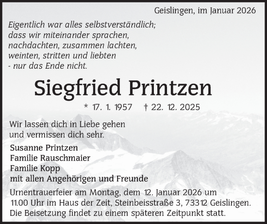 Traueranzeige von Siegfried Printzen von NWZ Neue Württembergische Zeitung