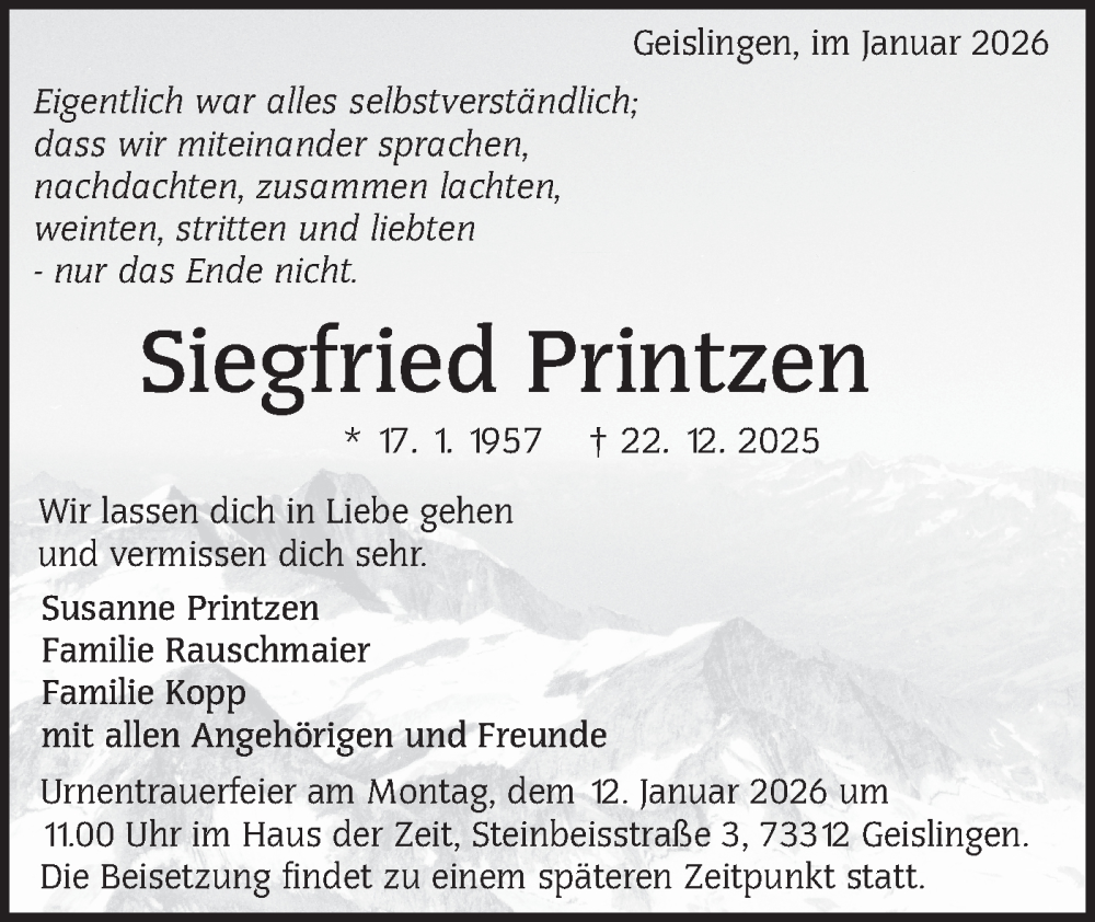  Traueranzeige für Siegfried Printzen vom 07.01.2026 aus NWZ Neue Württembergische Zeitung