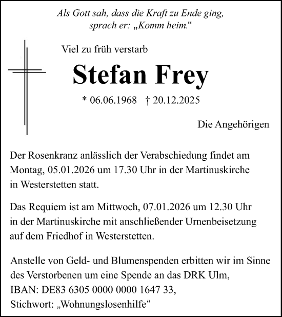 Traueranzeige von Stefan Frey von SÜDWEST PRESSE Ausgabe Ulm/Neu-Ulm
