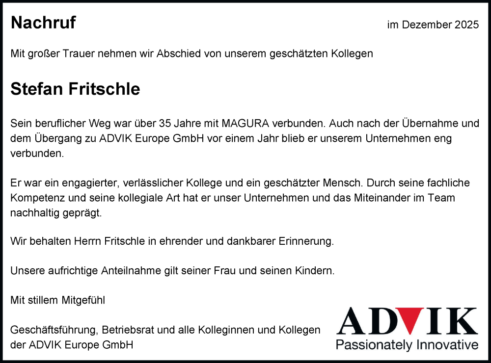  Traueranzeige für Stefan Fritschle vom 13.01.2026 aus Alb-Bote/Metzinger-Uracher Volksblatt