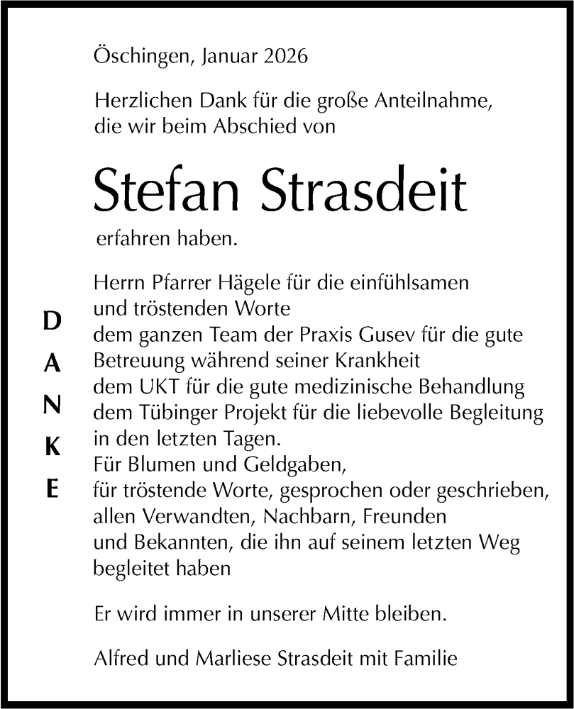  Traueranzeige für Stefan Strasdeit vom 10.01.2026 aus Schwäbische Tagblatt