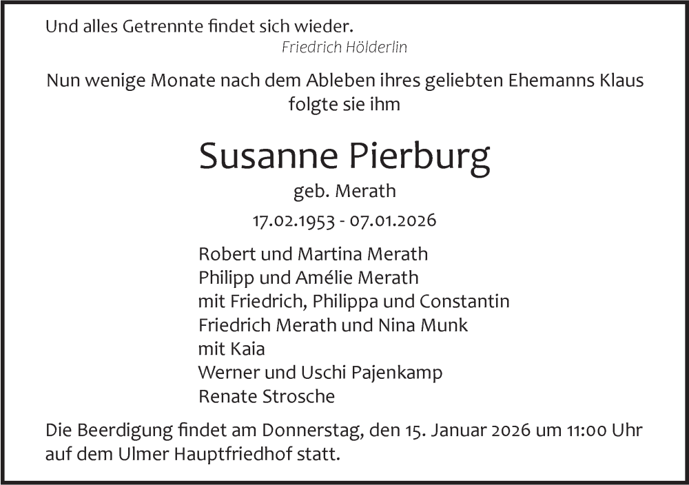  Traueranzeige für Susanne Pierburg vom 10.01.2026 aus SÜDWEST PRESSE Ausgabe Ulm/Neu-Ulm