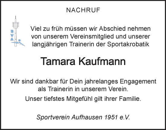 Traueranzeige von Tamara Kaufmann von Geislinger Zeitung
