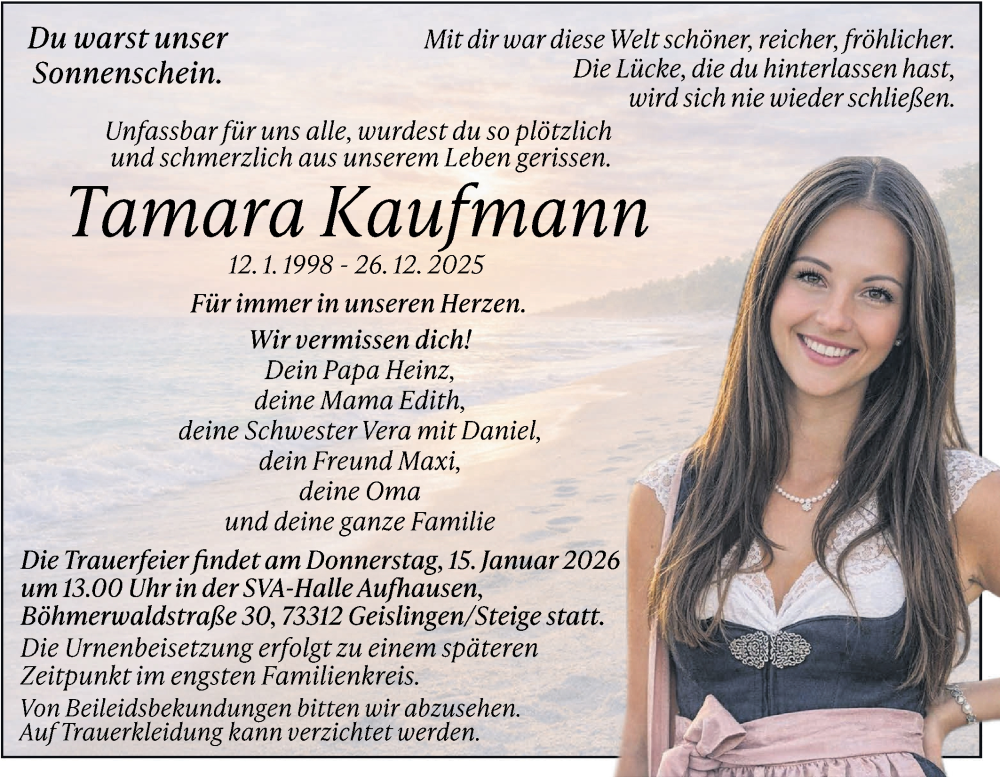  Traueranzeige für Tamara Kaufmann vom 09.01.2026 aus Geislinger Zeitung