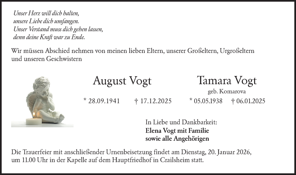  Traueranzeige für Tamara Vogt vom 17.01.2026 aus Hohenloher Tagblatt
