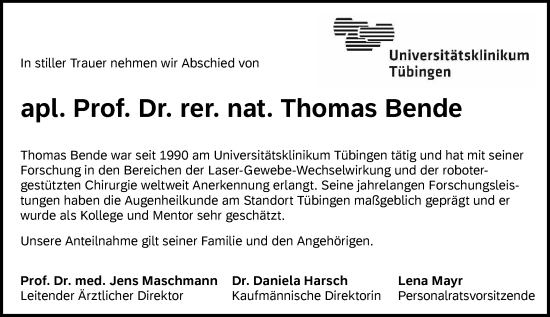 Traueranzeige von Thomas Bende von Schwäbische Tagblatt