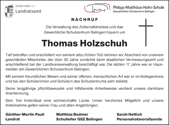 Traueranzeige von Thomas Holzschuh von SÜDWEST PRESSE Zollernalbkreis/Hohenzollerische Zeitung