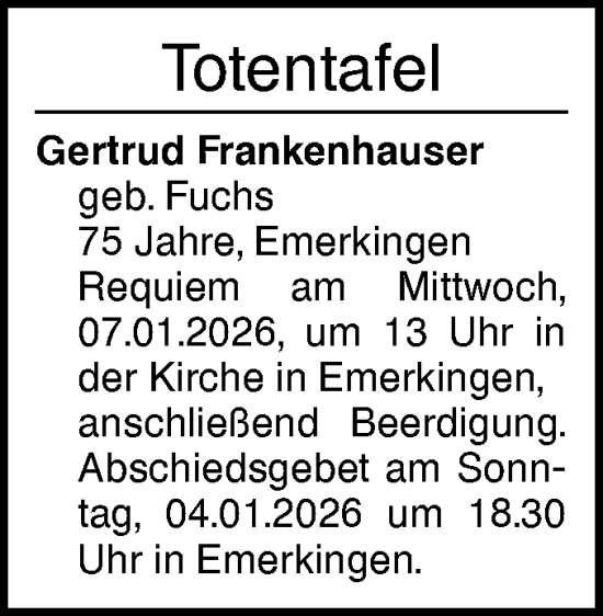 Traueranzeige von Totentafel vom 02.01.2026 von Ehinger Tagblatt