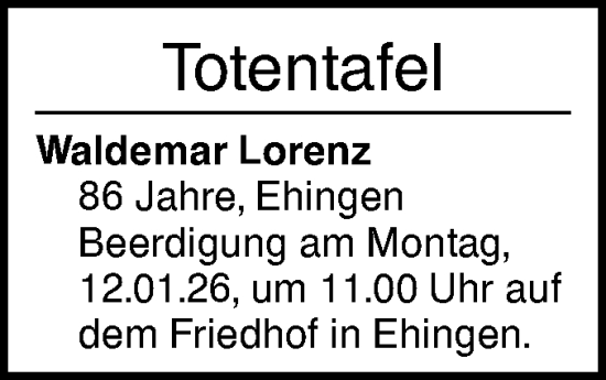 Traueranzeige von Totentafel vom 07.01.2026 von Ehinger Tagblatt