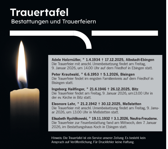 Traueranzeige von Totentafel vom 08.01.2026 von SÜDWEST PRESSE Zollernalbkreis/Hohenzollerische Zeitung