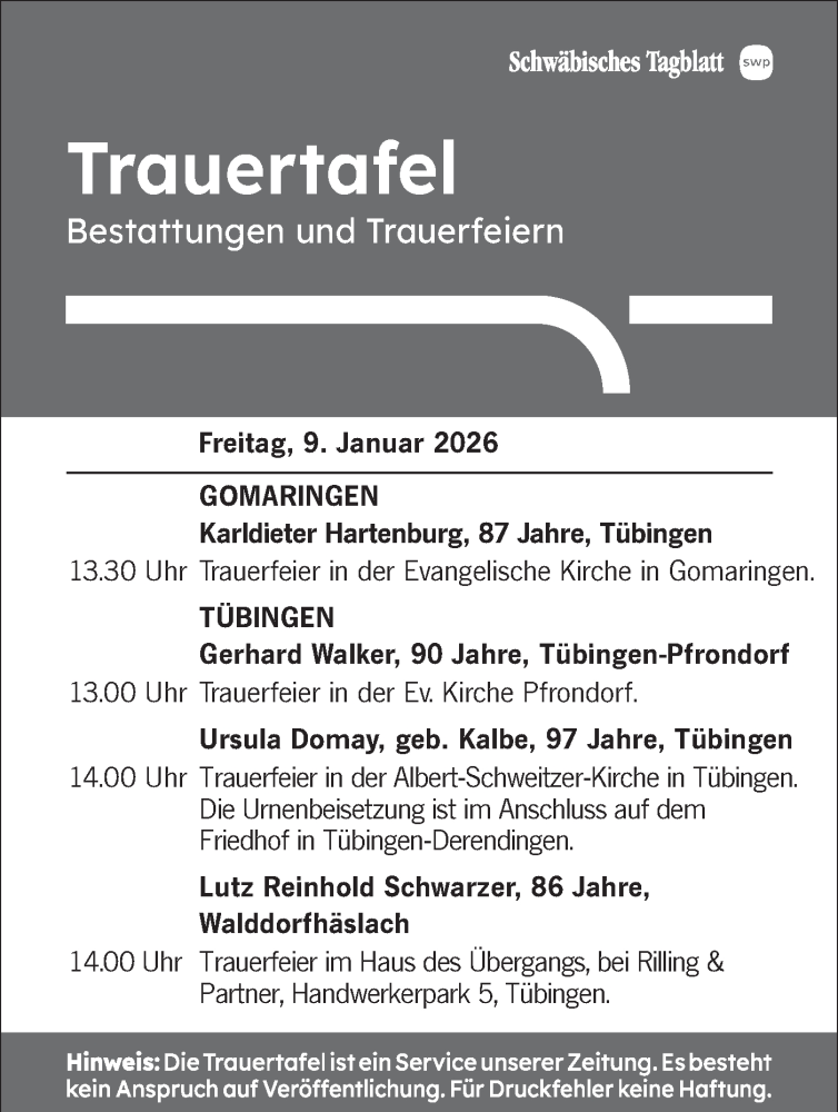  Traueranzeige für Totentafel vom 09.01.2026 vom 09.01.2026 aus Schwäbische Tagblatt