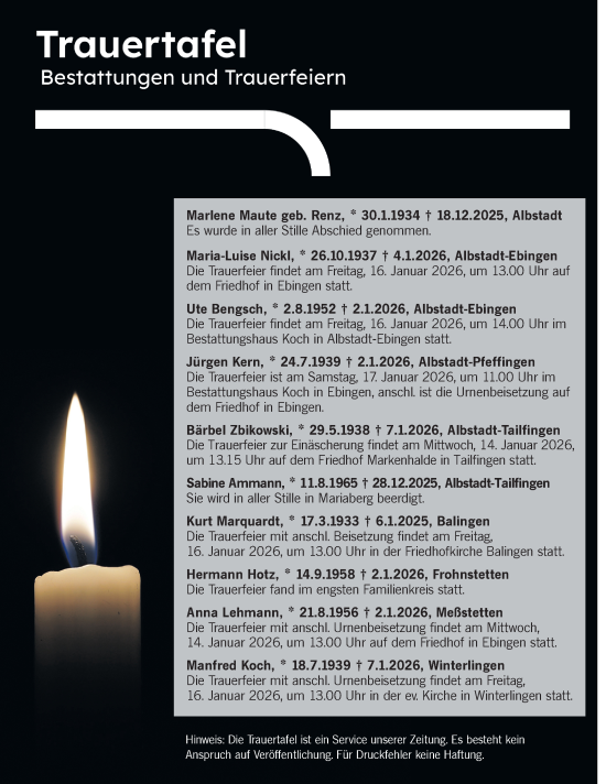 Traueranzeige von Totentafel vom 13.01.2026 von SÜDWEST PRESSE Zollernalbkreis/Hohenzollerische Zeitung