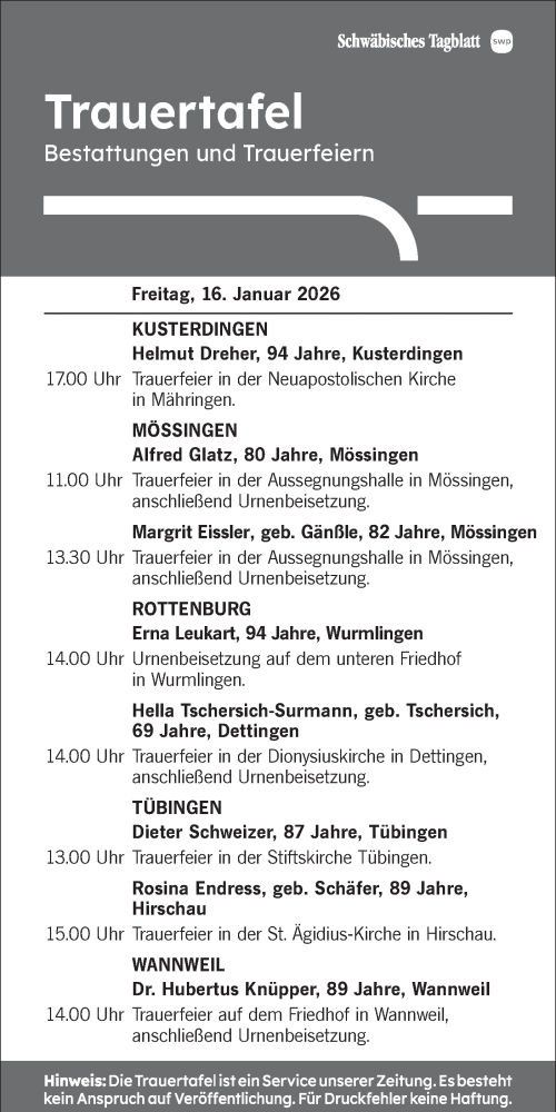  Traueranzeige für Totentafel vom 16.01.2026 vom 16.01.2026 aus Schwäbische Tagblatt