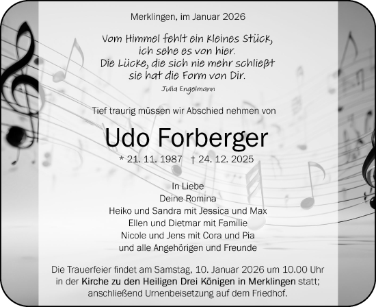 Traueranzeige von Udo Forberger von SÜDWEST PRESSE Ausgabe Ulm/Neu-Ulm