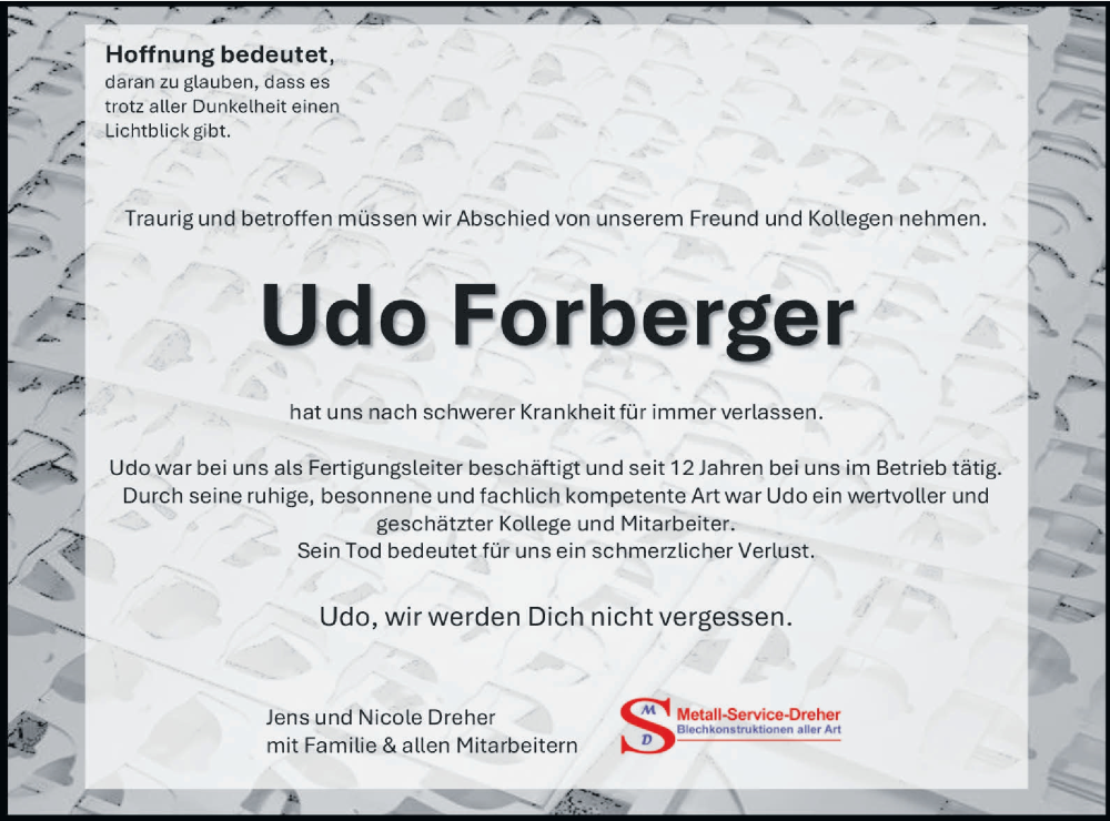  Traueranzeige für Udo Forberger vom 03.01.2026 aus SÜDWEST PRESSE Ausgabe Ulm/Neu-Ulm