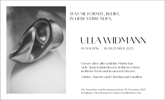 Traueranzeige von Ulla Widmann von SÜDWEST PRESSE Zollernalbkreis/Hohenzollerische Zeitung