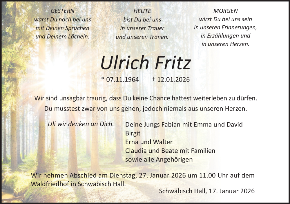  Traueranzeige für Ulrich Fritz vom 17.01.2026 aus Haller Tagblatt