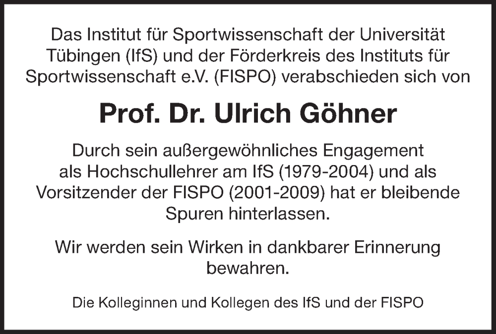  Traueranzeige für Ulrich Göhner vom 10.01.2026 aus Schwäbische Tagblatt
