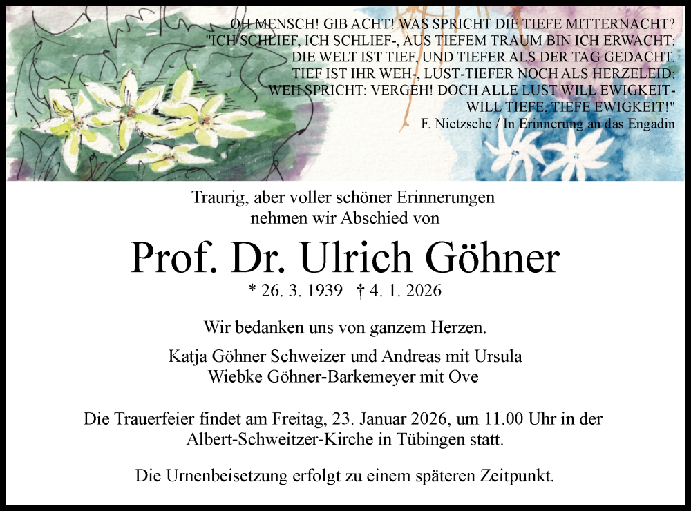  Traueranzeige für Ulrich Göhner vom 10.01.2026 aus Schwäbische Tagblatt