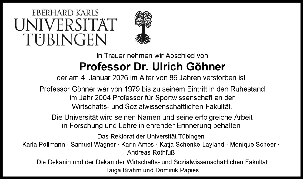 Traueranzeige für Ulrich Göhner vom 10.01.2026 aus Schwäbische Tagblatt