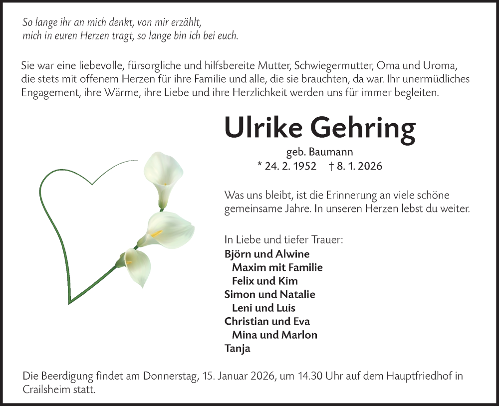  Traueranzeige für Ulrike Gehring vom 10.01.2026 aus Hohenloher Tagblatt