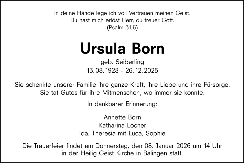  Traueranzeige für Ursula Born vom 05.01.2026 aus SÜDWEST PRESSE Zollernalbkreis/Hohenzollerische Zeitung