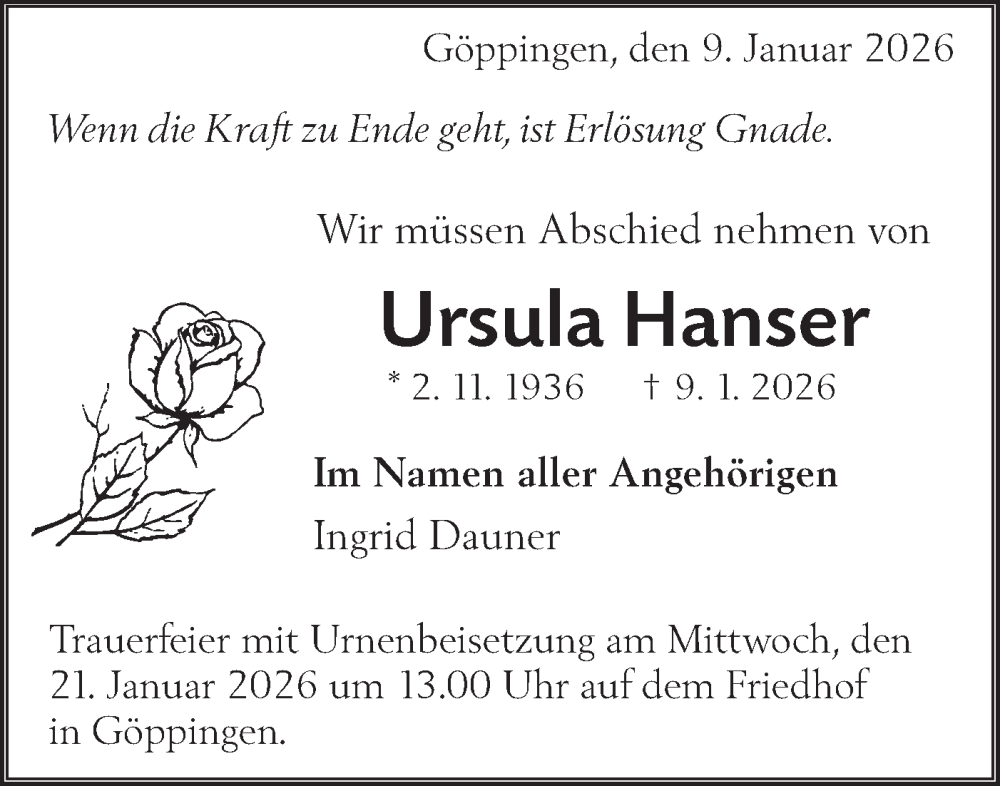  Traueranzeige für Ursula Hanser vom 17.01.2026 aus NWZ Neue Württembergische Zeitung
