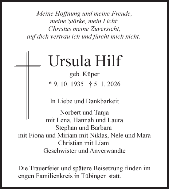 Traueranzeige von Ursula Hilf von Schwäbische Tagblatt