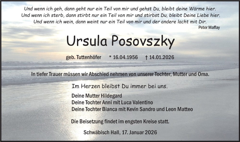  Traueranzeige für Ursula Posovszky vom 17.01.2026 aus Haller Tagblatt