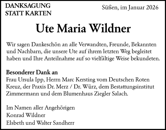 Traueranzeige von Ute Maria Wildner von NWZ Neue Württembergische Zeitung