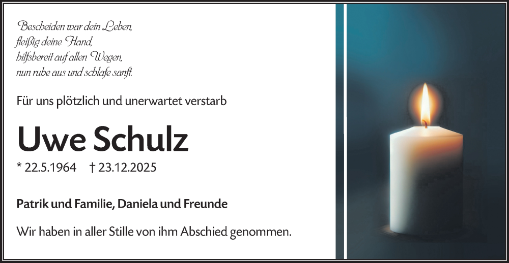  Traueranzeige für Uwe Schulz vom 10.01.2026 aus Haller Tagblatt