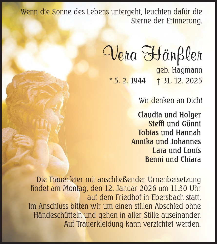  Traueranzeige für Vera Hänßler vom 09.01.2026 aus NWZ Neue Württembergische Zeitung