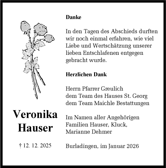 Traueranzeige von Veronika Hauser von SÜDWEST PRESSE Zollernalbkreis/Hohenzollerische Zeitung