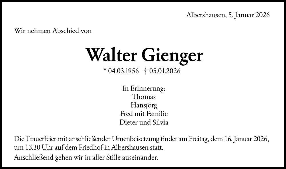  Traueranzeige für Walter Gienger vom 10.01.2026 aus NWZ Neue Württembergische Zeitung