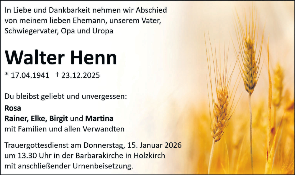  Traueranzeige für Walter Henn vom 10.01.2026 aus SÜDWEST PRESSE Ausgabe Ulm/Neu-Ulm
