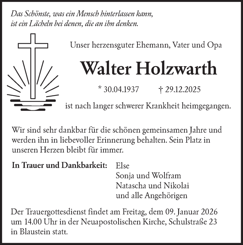  Traueranzeige für Walter Holzwarth vom 03.01.2026 aus SÜDWEST PRESSE Ausgabe Ulm/Neu-Ulm