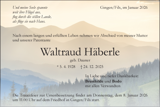Traueranzeige von Waltraud Häberle von Geislinger Zeitung