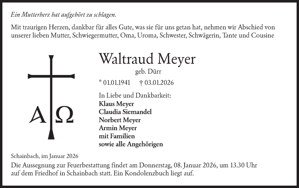  Traueranzeige für Waltraud Meyer vom 07.01.2026 aus Hohenloher Tagblatt