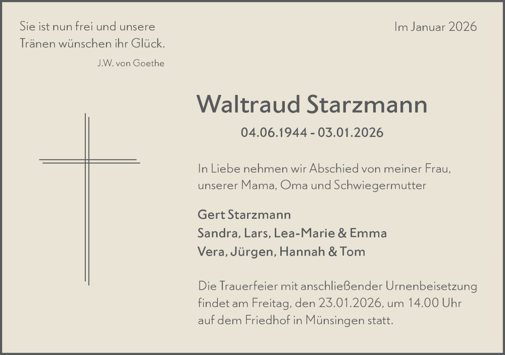 Traueranzeige für Waltraud Starzmann vom 19.01.2026 aus Alb-Bote/Metzinger-Uracher Volksblatt