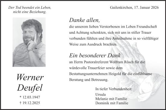 Traueranzeige von Werner Deufel von Haller Tagblatt